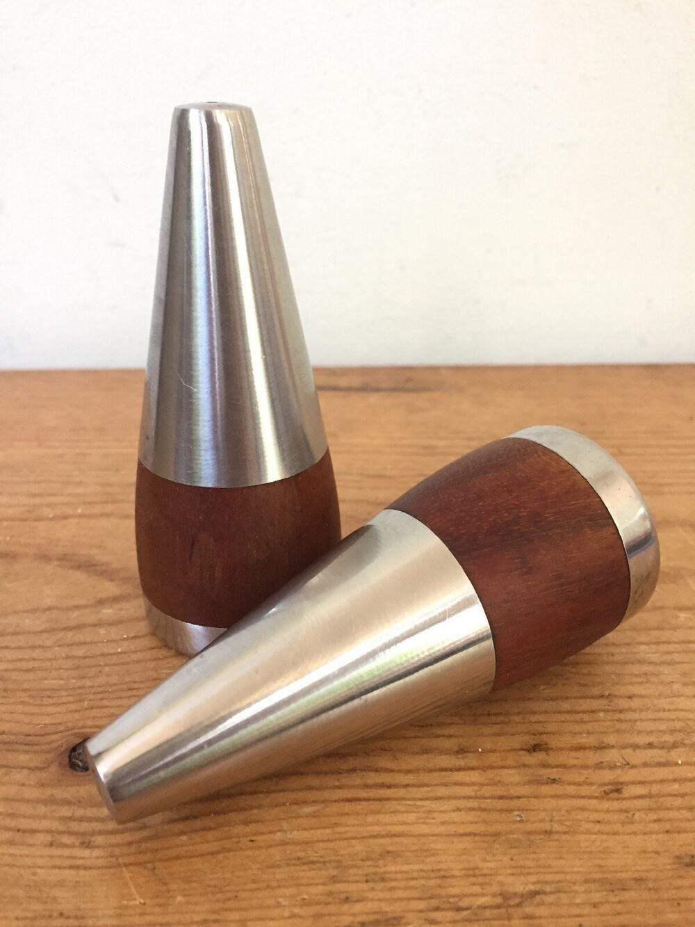 Pair Vtg MCM Stelton Denmark Danish Modern Teak Wood Metal Salt Pepper Shakers